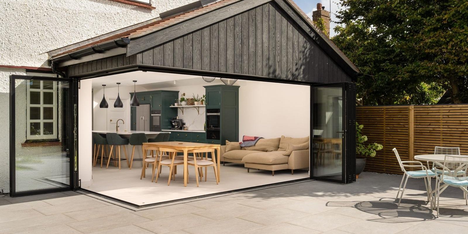 Sunnyways rear extension with bi-fold doors open to the kitchen and dining area